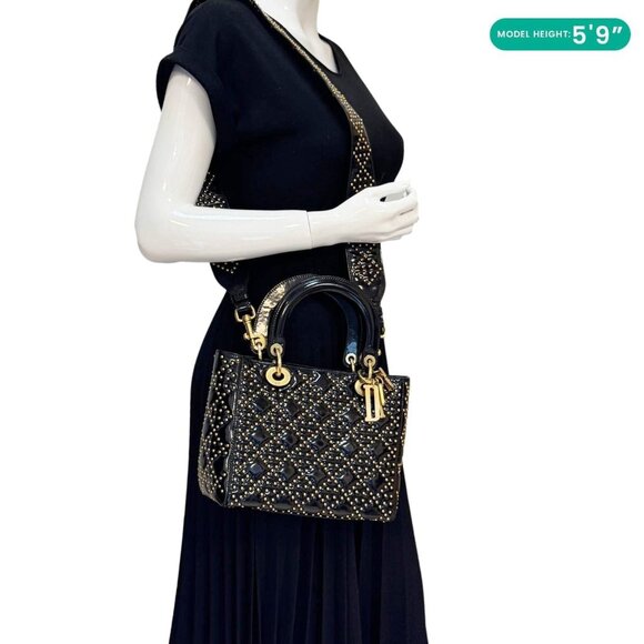 Christian Dior Lady Dior Medium Studded Cannage Patent Leather Crossbody Black - Picture 2 of 11